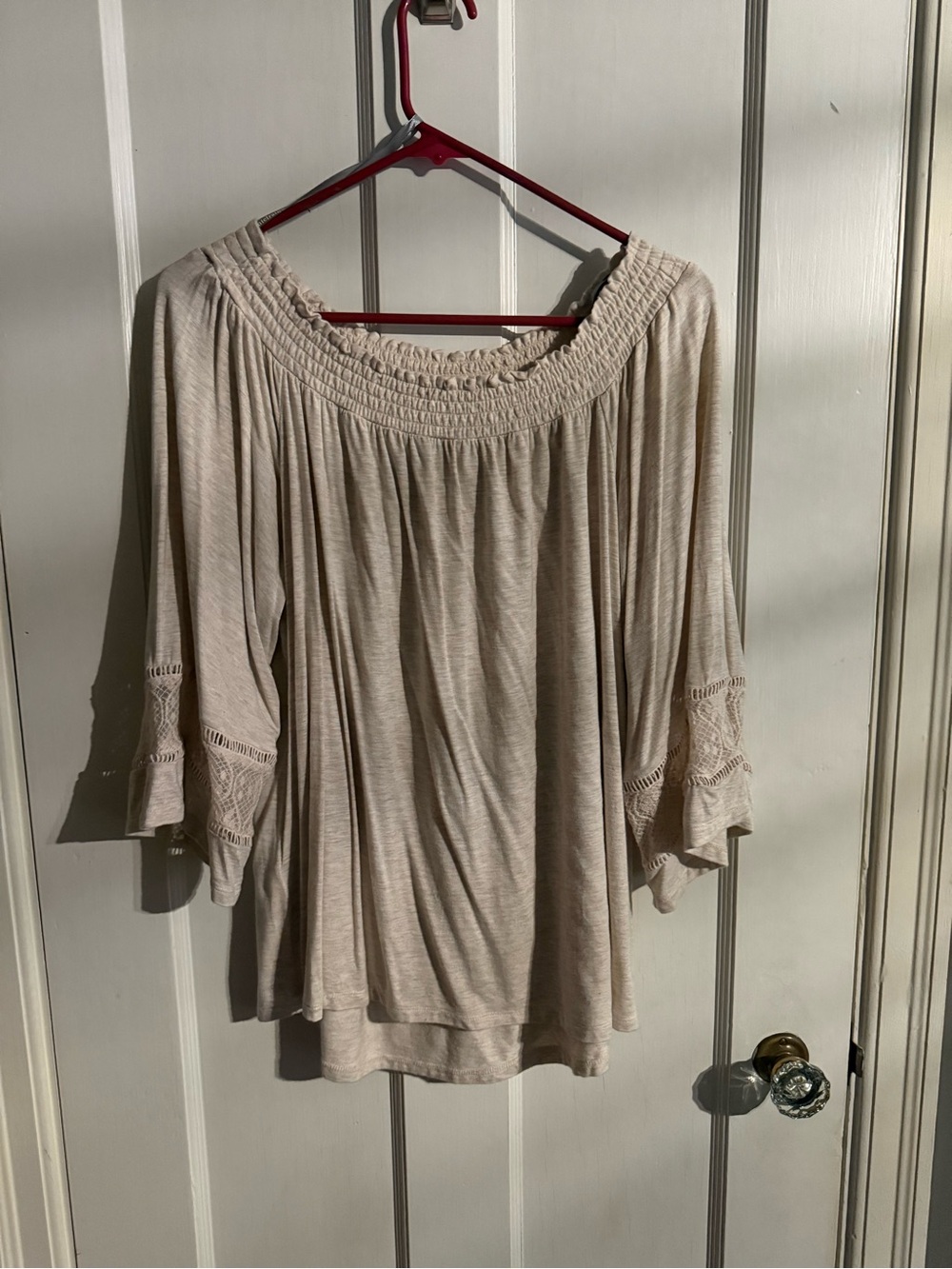 Daniel Rainn Cream Off-Shoulder Peasant Top with Smocked Yoke